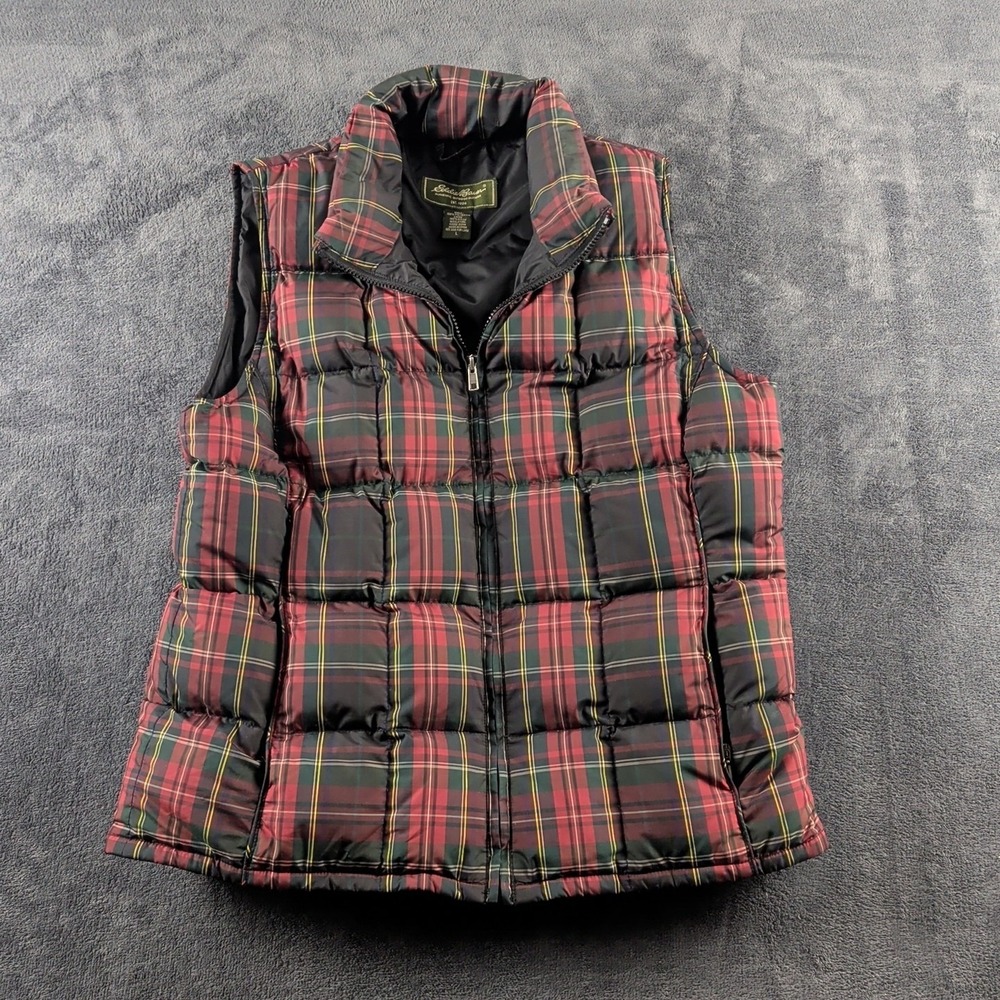 Eddie Bauer Vest Mens Large Red Plaid Down Puffer Full Zip Insulated 9647